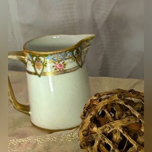 Vintage Nippon Hand-painted Porcelain Syrup Pitcher Floral/Gold Trim Japanese